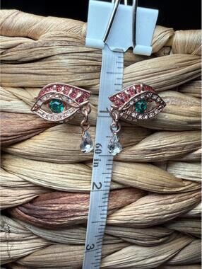 Betsey Johnson Gold Tone Eye-Shaped Earrings with Green Gemstone